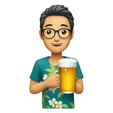 Japanese wearing roundglasses alohashirt is holding beer sticker