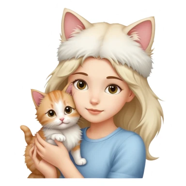 There's a fluffy kitten on a girl's head, its tail wagging gently. sticker