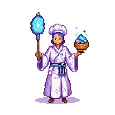 Portrait of a galactic baker in skeuomorphism style, same pose and lighting as previous levels, wearing a nebula-textured robe, holding a galaxy-shaped whisk, glowing flour particles floating around sticker