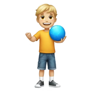 sticker without background, child holding a ball in his hand, smile, fun sticker