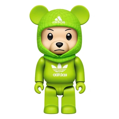 bearbrick toy with cubic design, wearing a lime green balaclava with Adidas trefoil logo, clear aggressive eyebrows, proper bear figure sticker