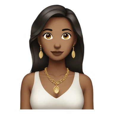 girl with dark brown hair, brown eyes, eyeliner and long eyelashes, and a gold necklace sticker