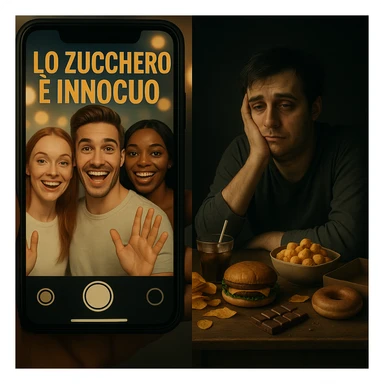 Realistic split-screen: smiling influencers on a smartphone say in Italian 'LO ZUCCHERO È INNOCUO' with bright lights and filters; on the other side, a sad and bloated person surrounded by snacks and sweets, shadowy and messy environment. Social contrast, 4K quality. sticker