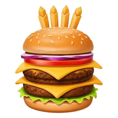 A clean and simple icon of fast food in emoji-style illustration. A burger with fries, nuggets and shawarma, bright and bold colors, simple shapes, flat design, high contrast, inviting and appetizing. sticker