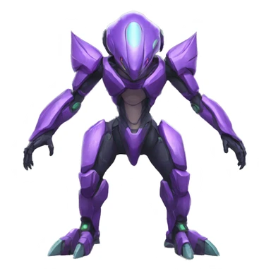 a purple-green Genesect-Raptor-Fakémon—hybrid with a futuristic visor-helmet full body sticker