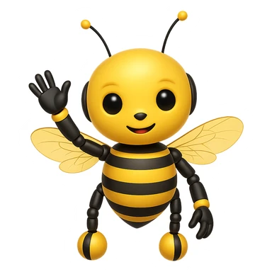 Make the bee robot wave its hand while keeping the original cute style and colors, with a friendly expression. The background should be transparent. sticker