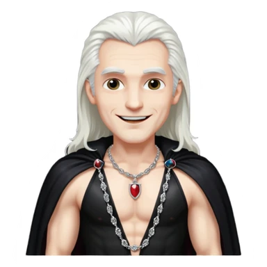 Dracula with long white hair, black sequin baggy pants, shirtless with necklace, black sequin cape sticker