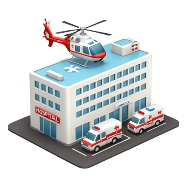 3d hospital outside, with text hospital, ambulance, helicopter , no background sticker