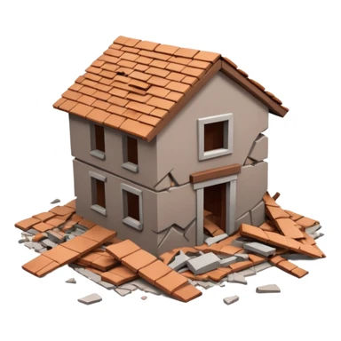 3D iPhone style emoji of a collapsed house, broken walls and roof pieces scattered, debris and ruins visible, isolated on white background, soft shadows, high detail, playful and cute. sticker