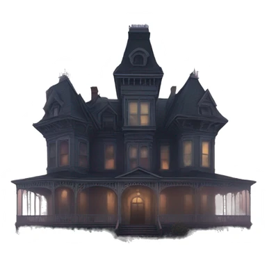 Wide angle, A ramshackle Victorian mansion looms through dense fog at dusk  sticker