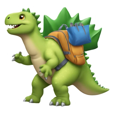 Stegosaurus carrying a backpack and a tote bag sticker