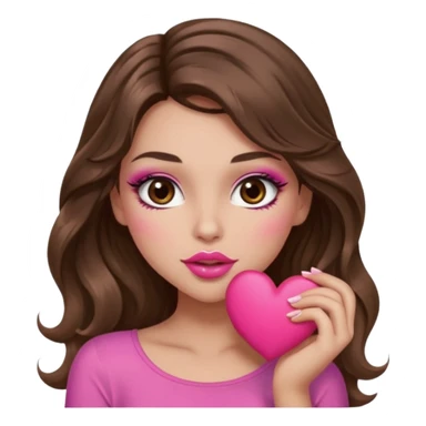 girl with long wavy brown hair, brown eyes, long lashes makeup, sexy pink lips, light to medium complexion, wearing a pink sexy top, sexy , puckering, blushing, kissing a heart sexy sticker