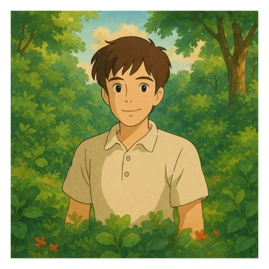 Tom, Ghibli-inspired, surrounded by nature, lush greenery, warm and inviting look sticker