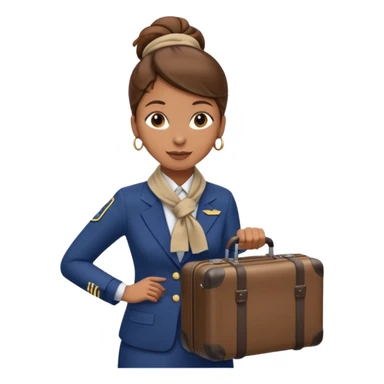 flight attendant, Light Brown skin, brown hair in single bun, neck scarf, suitcase sticker
