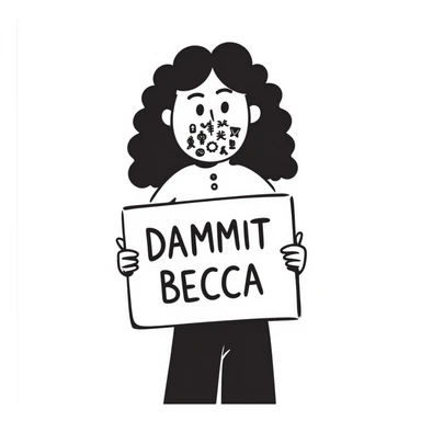 hand-drawn doodle of a face with symbols over the mouth, holding a protest sign that says 'Dammit Becca' sticker