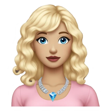 Blonde bold wavy long hair with bangs, blue eyes, girl, pink lips, black eyeliner, red blush on cheeks and nose, pink eyeshadow, black shirt with lower arms shown shoulder, silver necklace with little blue diamond sticker