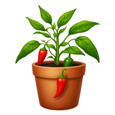 Potted green pepper plant with small red peppers growing on it sticker
