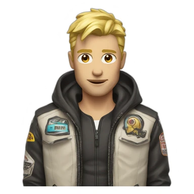 blond men with madmax racing jacket sticker