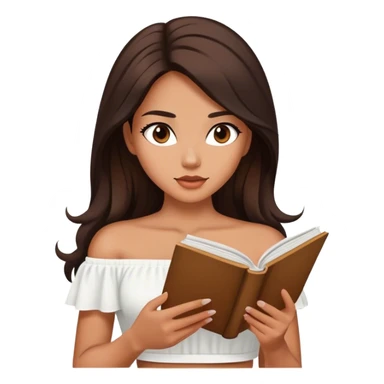 Beautiful woman in 1950’s woman fashion look, off-shoulder white shirts crop top, long dark brown hair, reading sticker