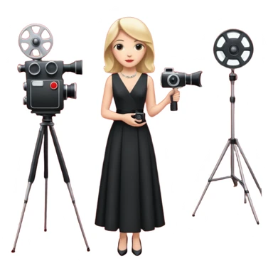an actress standing on a red carpet with a formal dress, with a film camera next to her. sticker