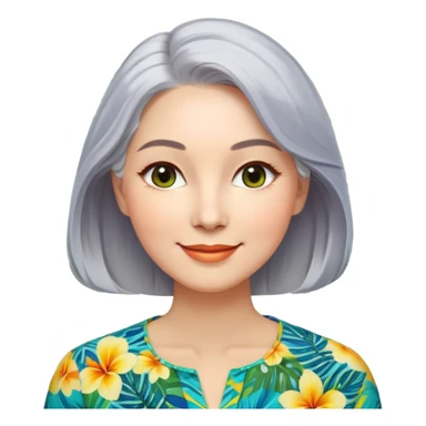 A woman with light complexion, an oval face with soft rounded features, full cheeks, gentle almond-shaped eyes with subtle smile lines, silver-gray hair parted to the side and styled loosely, wearing a vibrant tropical print blouse in blue, green, and yellow, exuding warmth and joy. sticker