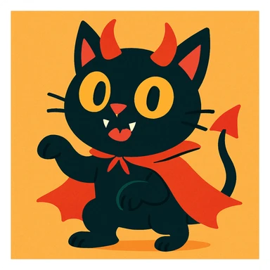 black cat with devil horns and a cape, vibrant cartoon style sticker