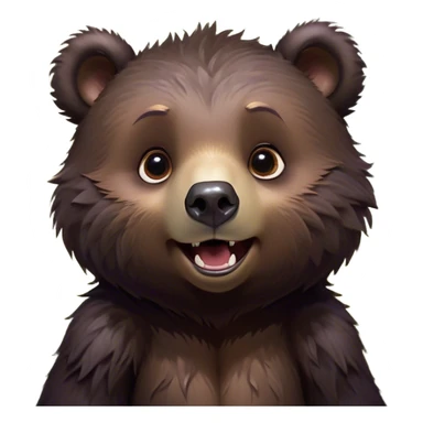 Cinematic Comical bear cub Portrait Emoji, Head tilted dramatically with an exaggeratedly amused expression, featuring a striking, glossy dark brown fur with bold fur texture, wide, expressive eyes filled with playful disbelief, Simplified yet hilariously expressive features, highly detailed, glowing with a slightly sassy glow, high shine, dramatic yet playful, stylized with an air of cheeky wilderness mischief, bright and endearing, soft glowing outline, capturing the essence of a spirited and over-the-top bear cub, so meme-worthy it feels like it could roar its way into internet fame instantly! sticker