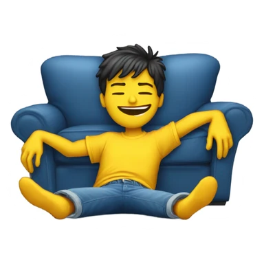A person lying on a sofa, legs crossed with hands behind the head, relaxing in a cozy setting, yellow emoji color skin, Ed Hardy t-shirt, blue jeans sticker
