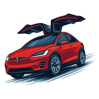 red Tesla Model X with falcon doors open, moving left to right, angled upward, modern illustration sticker