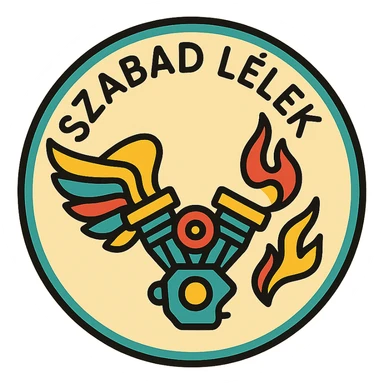circular motorcycle cap design with the Hungarian phrase 'Szabad Lélek', featuring motorcycle motifs like wing, motor, flame, spiritual style sticker