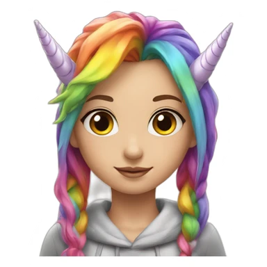 Girl with unicorn horn, and rainbow gair sticker