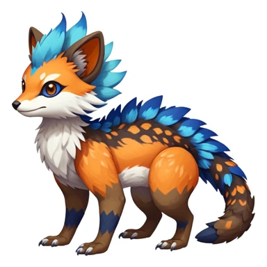 Rare realistic exotic brown beige white neon-orange dark-blues cute epic pretty beautiful handsome gorgeous aesthetic colorful vibrant Vernid-Trico-species-Fakemon-creature by LiLaiRa, 4 legs, 1 tail, random markings, (full body) sticker