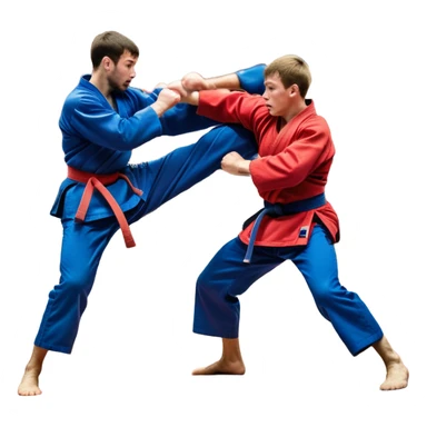 Two SAMBO fighters in blue and red uniforms engage in dynamic grappling and throwing techniques. One executes a powerful throw while the other tries to counter. The scene is set in a sports arena with a competition mat, capturing the intensity and motion of the martial art. Transparent background. sticker