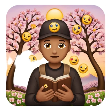 An emoji that loves emojis, holding an iphone with all of their thousands of emojis. They are sat between the setting sun and a cherry blossom tree reading a book on emojis. They have seven heads like a hydra and each head has a different baseball cap on, each with a different emoji on it.  sticker
