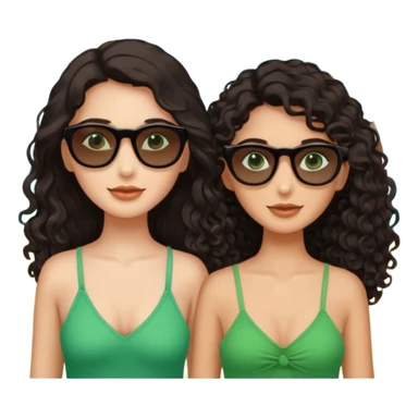 Two besties on the beach, black sunglasses, 1: long ironed straight darkbrown hair, green eyes, 2: long curly darkbrown hair, brown eyes  sticker