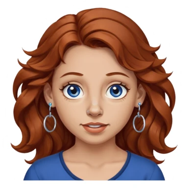 Create a custom emoji-style character inspired by a woman with medium length, wavy reddish-brown hair, light skin tone, dark blue eyes, a nose piercing on each nostril, and hoop earrings. Emphasize a mischievous expression. sticker
