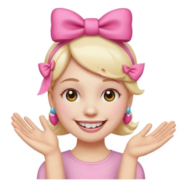 smiling emoji with a pink bow on head and hand placed on the teeth sticker