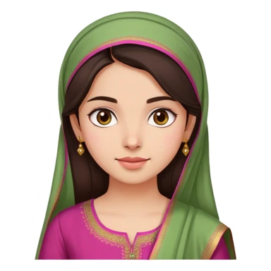 girl with light wheatish skin, dark brown hair, wearing dark pink kurti with sage green dupatta on head sticker