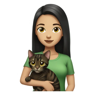 girl with long black hair and white skin. she has brown eyes and is wearing a green shirt. she is holding her brown and black bengal cat that has green eyes sticker