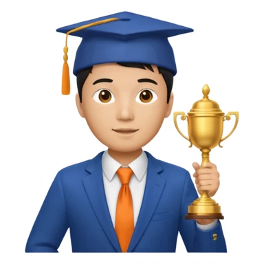 An asian man wearing student hat, blue suit and orange tie, holding a trophey sticker
