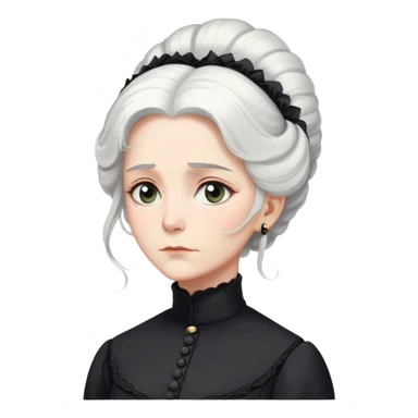 A Victorian woman with elegant coiffed white hair and light eyes wearing a modest unadorned black turtleneck mourning dress looking down with a forlorn expression sticker