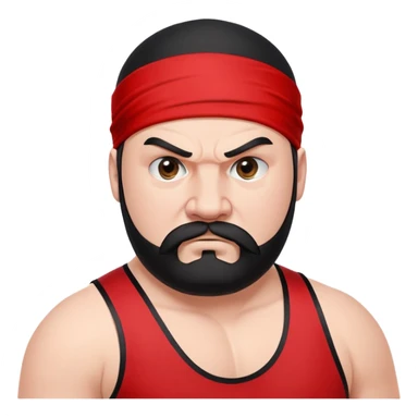 Close-up of extremely fat white skin guy with young face, prominent BLACK DURAG tied clearly on head, distinct black beard and mustache, no muscle, black eyes in a red and black wrestling singlet with angry face sticker