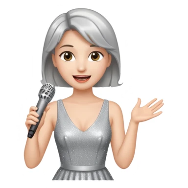 A female singer in sparkling dress holding a mic with emotional expression sticker