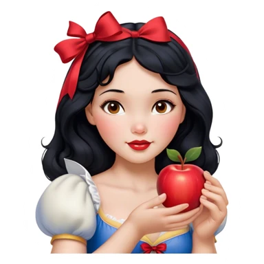 Cinematic Realistic Snow White Portrait, depicted with lifelike skin texture, soft natural lighting, and intricately detailed black hair styled with a red ribbon. Her soft brown eyes radiate innocence and kindness, complemented by a warm, gentle smile. She holds an apple in one hand, her other hand resting against her cheek, embodying her purity and charm. She is dressed in her classic yellow, blue, and red gown, the fabric rich in texture with delicate folds that catch the light beautifully. The portrait features a soft, natural glow with a radiant finish, capturing the essence of timeless beauty in a realistic and painterly style. sticker