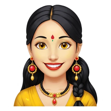 Phụ nữ 35 tuổi, da vàng, tóc buộc dài màu đen, có chấm đỏ bindi trên trán, mặt cười tươi, đeo khuyên tai tròn to bằng vàng, nửa thân trên sticker