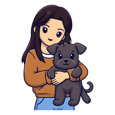 Kendall Jenner with long dark hair holding a brown teddy bear, a black schnauzer and a cow cat in her arms sticker