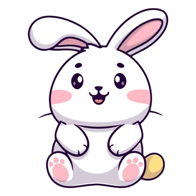 full-body plush toy bunny character with big round head, floppy ears, expressive cute eyes, laughing with closed eyes and little tears, soft kawaii pastel colors, hand-drawn Japanese stationery style kawaii sticker sticker