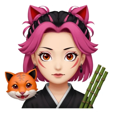 tanjiro: Kind red eyes, black hair with burgundy tips, forehead scar, tanned skin, Hanafuda earrings.                             nezuko:   Pink eyes, black-orange hair, fangs, bamboo muzzle. sticker