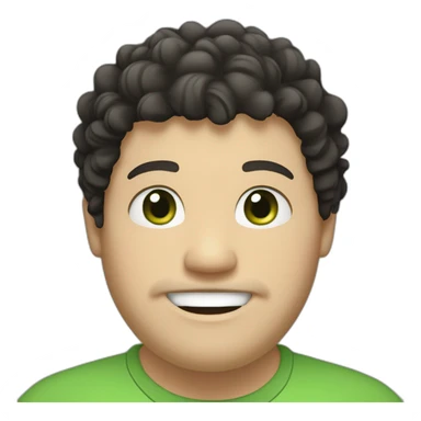 chubby, white man, black curly hair, green eyes, goatee, medium lips, smiling sticker