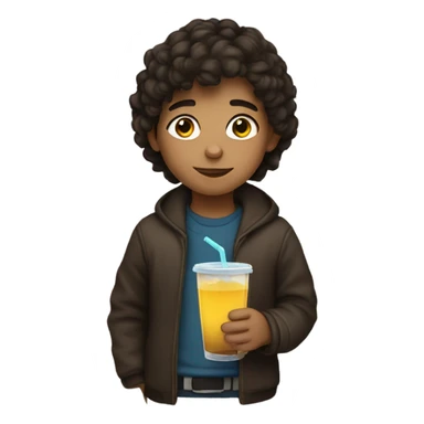 Kid with dark brown hair and a drink sticker